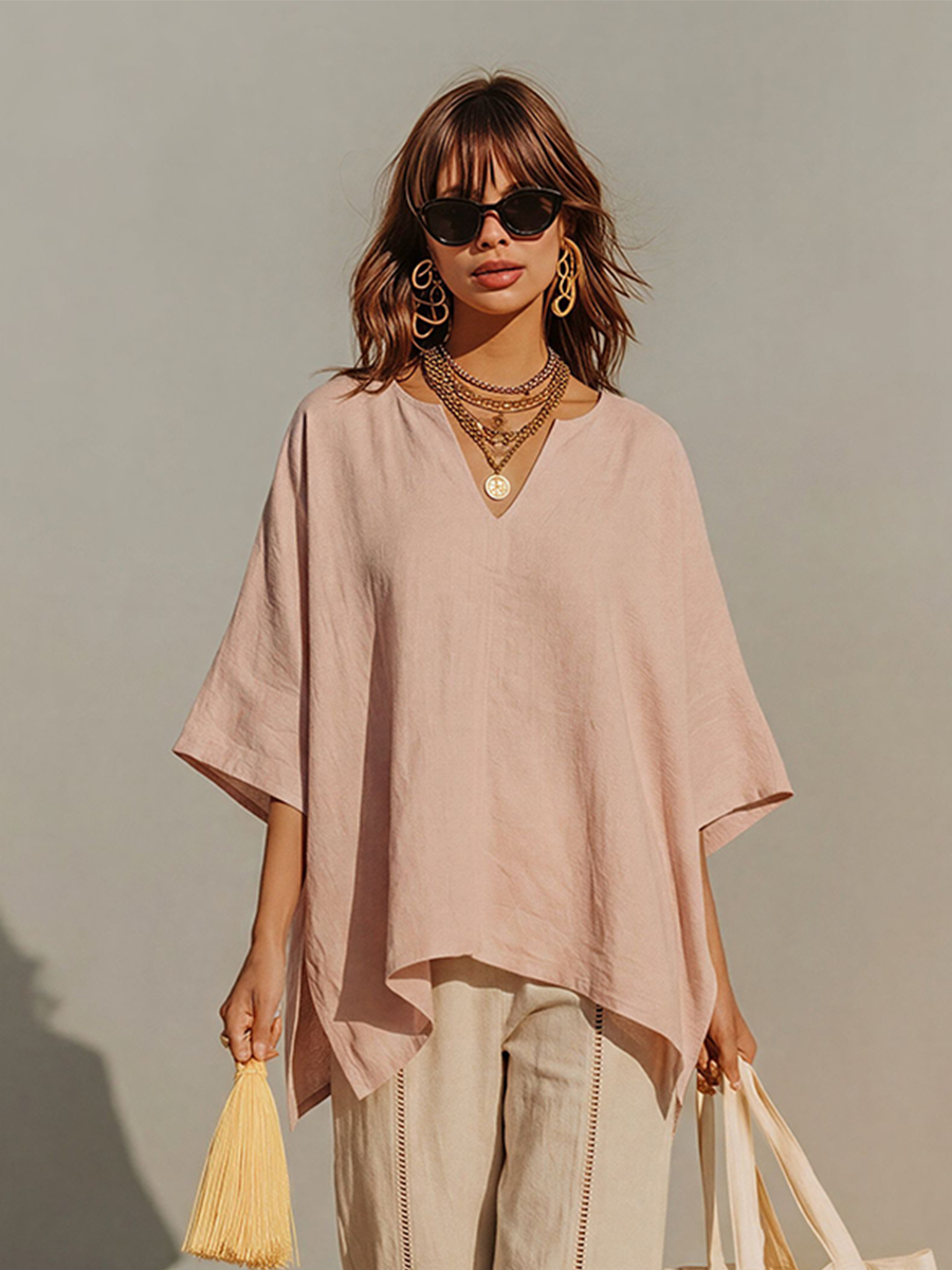 Women's Blush Cream Matching Linen Set With Irregular Hem Tunic & Eyelet Trim Wide Leg Pants, Contemporary Versatile Summer Outfit MDZ0221F4LYL