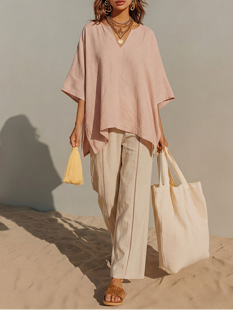Women's Blush Cream Matching Linen Set With Irregular Hem Tunic & Eyelet Trim Wide Leg Pants, Contemporary Versatile Summer Outfit MDZ0221F4LYL