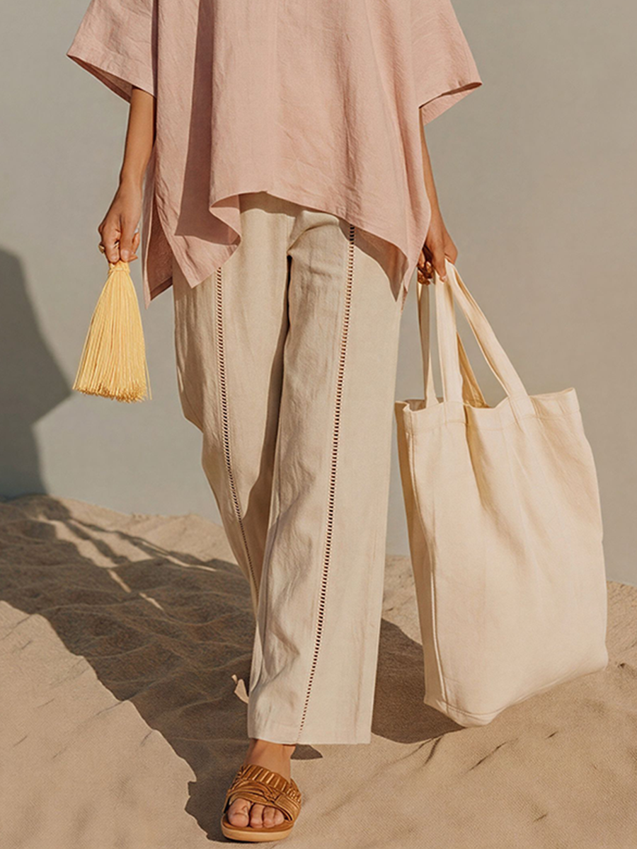 Women's Blush Cream Matching Linen Set With Irregular Hem Tunic & Eyelet Trim Wide Leg Pants, Contemporary Versatile Summer Outfit MDZ0221F4LYL