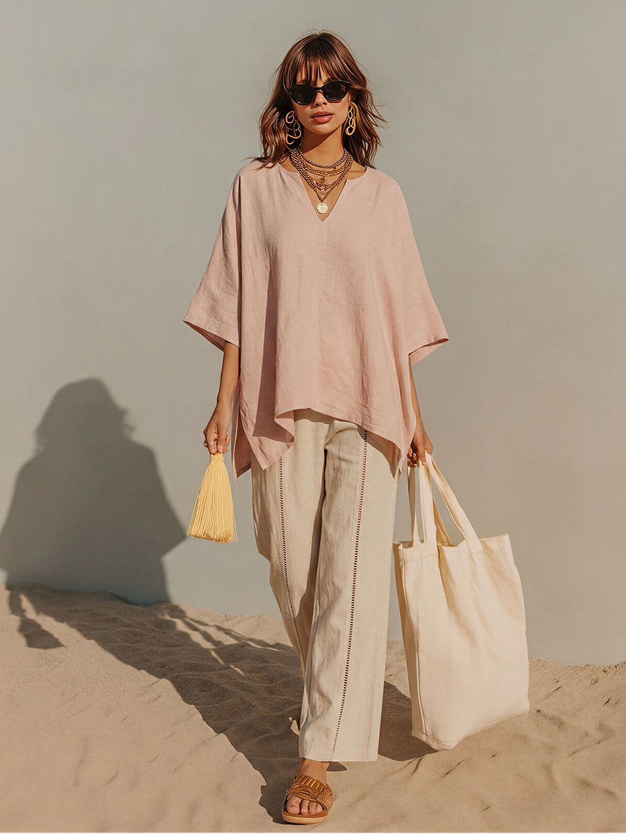 Women's Blush Cream Matching Linen Set With Irregular Hem Tunic & Eyelet Trim Wide Leg Pants, Contemporary Versatile Summer Outfit MDZ0221F4LYL