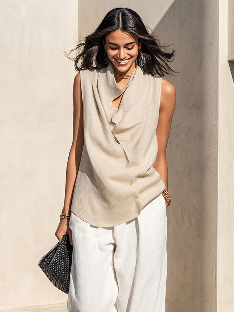 Women's Beige & White Linen-Blend Matching Set With Cutout Cowl Neck Tank & Relaxed Fit Wide Leg Pants, Contemporary Versatile Resort Outfit MDZ0288F6LYL