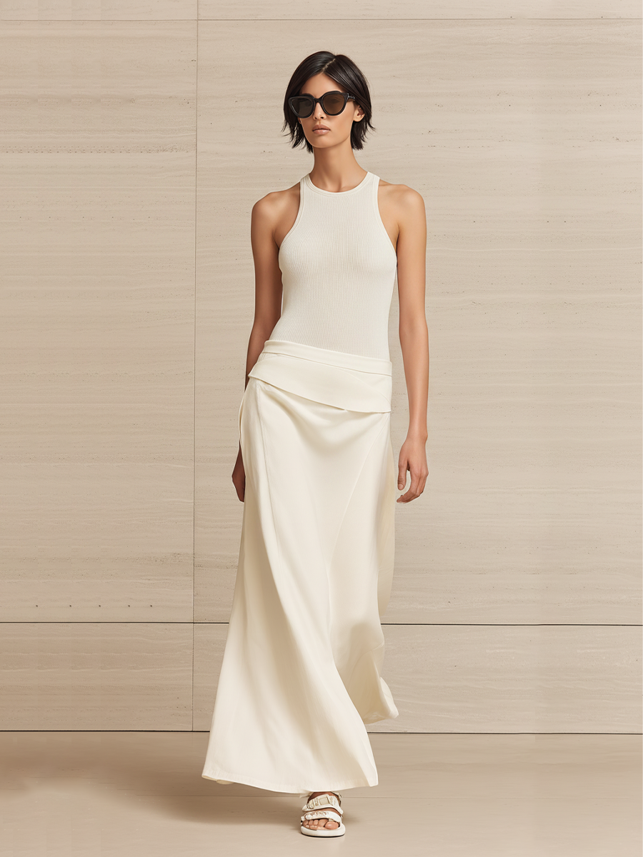Women's Cream Matching Co-Ord With Ribbed Knit Sleeveless Top & Draped Cotton-Blend Long Skirt, Modern Effortless-Chic Daily Outfit MDZ0205F3LYL