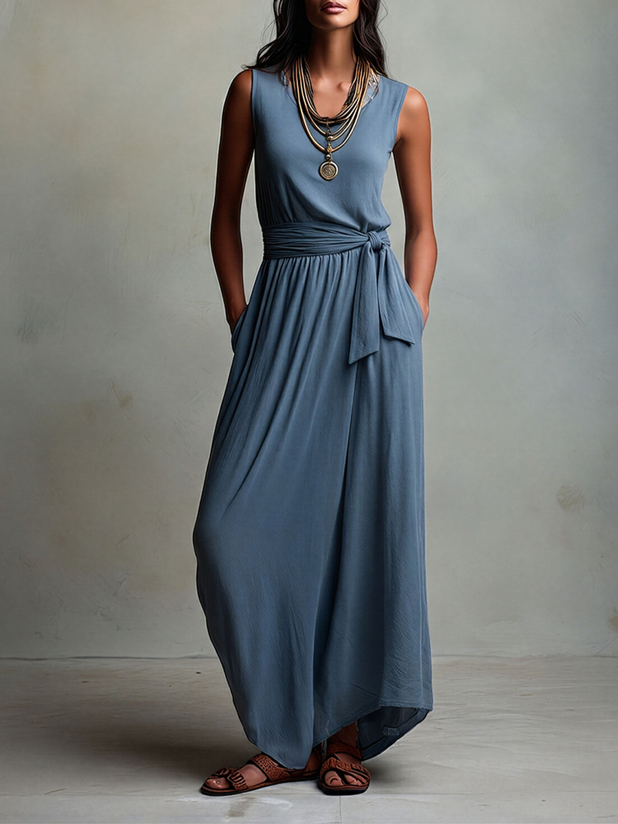 Women's Dusty Blue Cotton-Blend Maxi Dress With Self-Tie Waist Sash & Side Pockets, Timeless Boho Casual Dress MDZ0208F6LYL