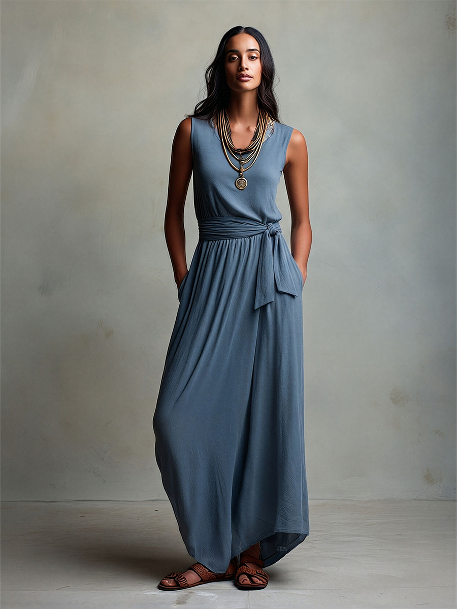Women's Dusty Blue Cotton-Blend Maxi Dress With Self-Tie Waist Sash & Side Pockets, Timeless Boho Casual Dress MDZ0208F6LYL