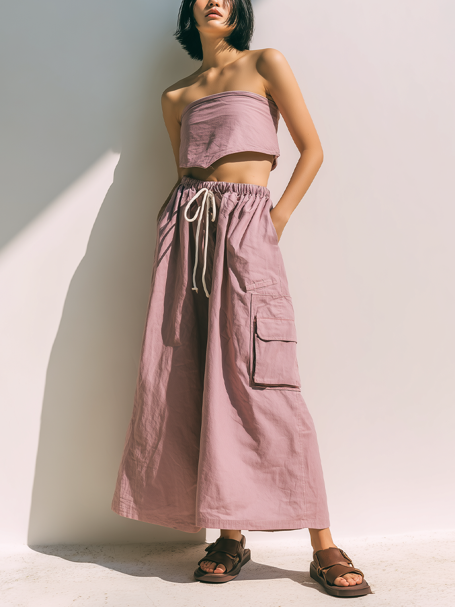 Women’s Dusty Pink Tube Crop Top & Drawstring Cargo Wide-Leg Pants Two-Piece Set MDZ0234F6T