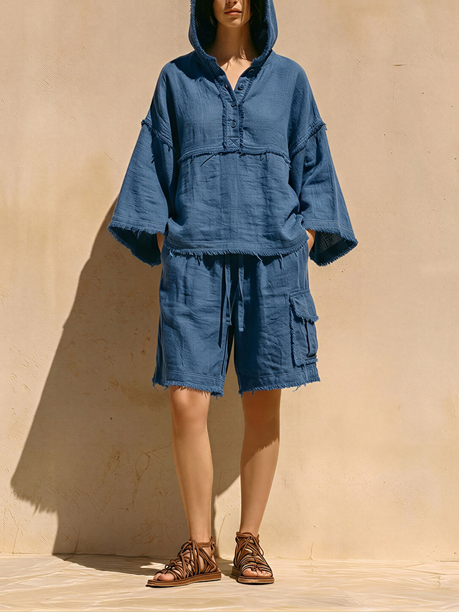 Women's Navy Blue Cotton-Blend Two-Piece Set With Frayed Trim Hooded Top & Cargo Shorts, Casual Bohemian Summer Outfit MDZ0253F2LYL