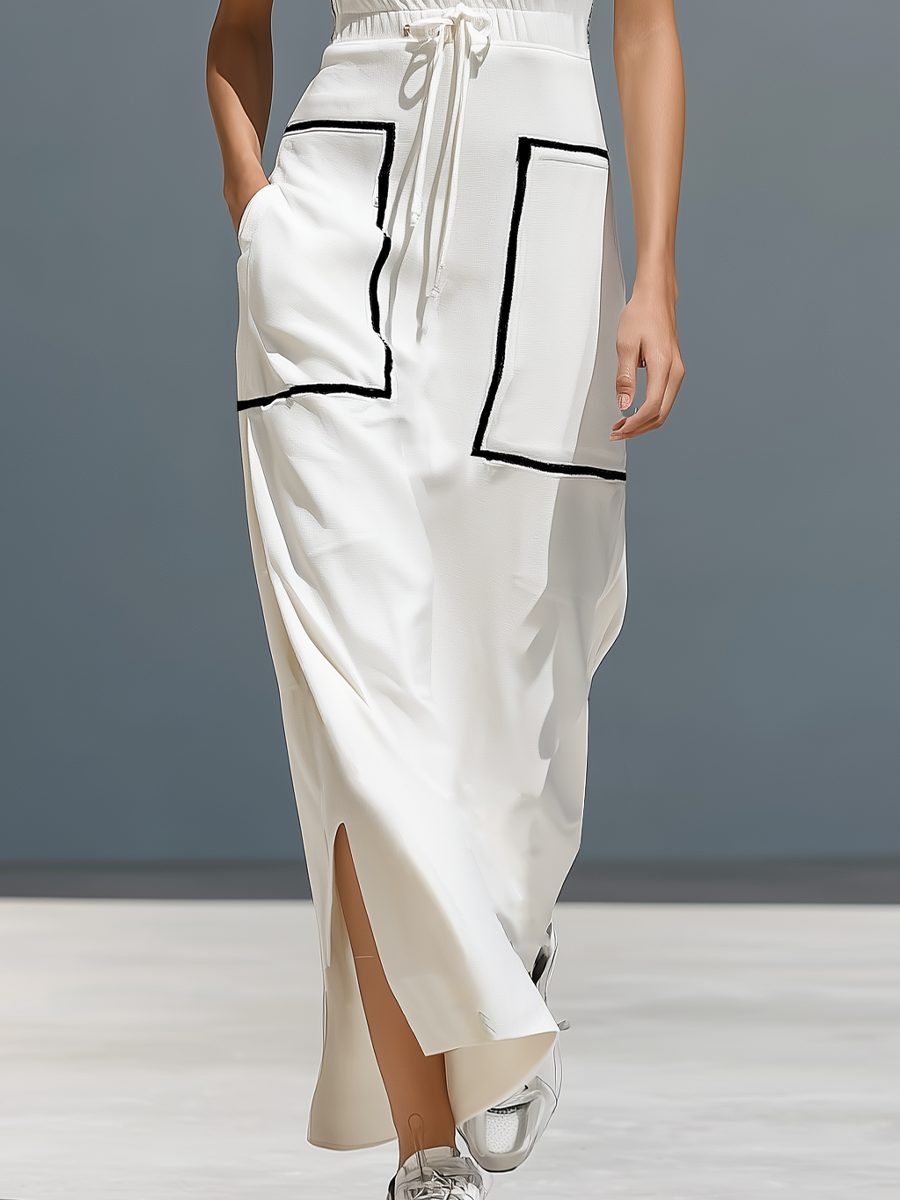Women’s Casual Sporty White Cotton Sweatshirt Fabric Drawstring Waist Maxi Dress With Black Trim Details MDZ0226F1T