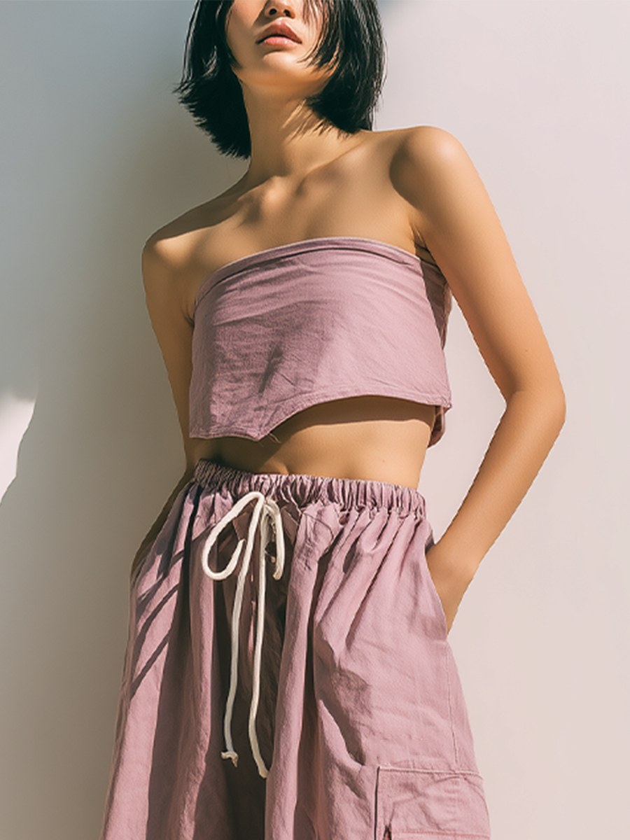 Women’s Dusty Pink Tube Crop Top & Drawstring Cargo Wide-Leg Pants Two-Piece Set MDZ0234F6T