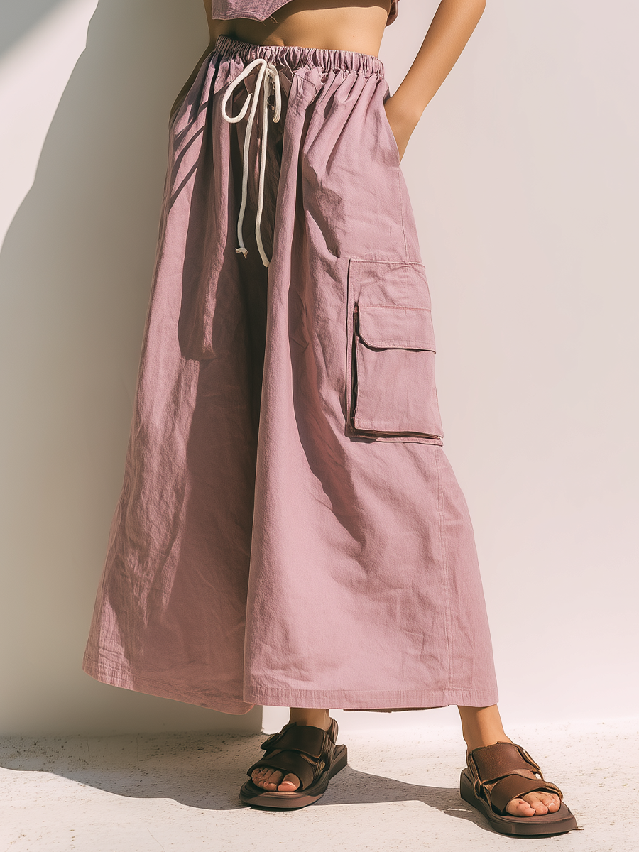 Women’s Dusty Pink Tube Crop Top & Drawstring Cargo Wide-Leg Pants Two-Piece Set MDZ0234F6T