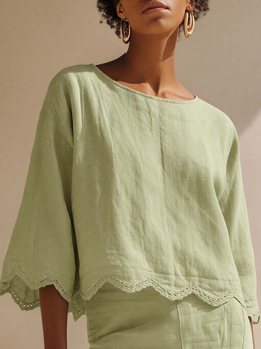 Women’s Sage Green Linen-Blend Lace-Hem Crop Top & Asymmetrical Overlocking Maxi Skirt Two-Piece Set MDZ0223F2T