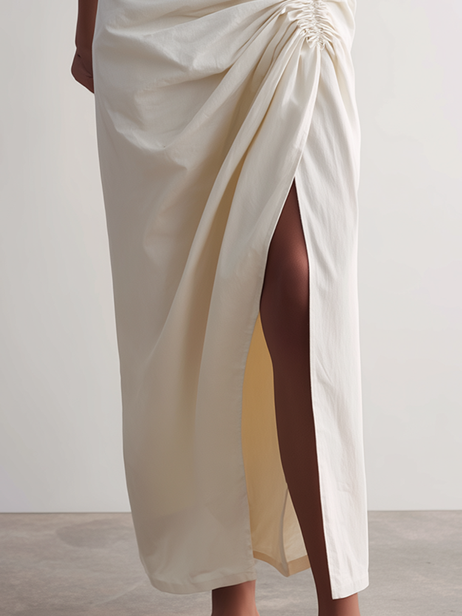 Women’s Off-White High Waisted Side Ruched Wrap Maxi Skirt With High Side Slit MDZ0272F0T
