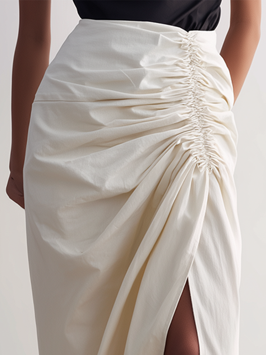 Women’s Off-White High Waisted Side Ruched Wrap Maxi Skirt With High Side Slit MDZ0272F0T