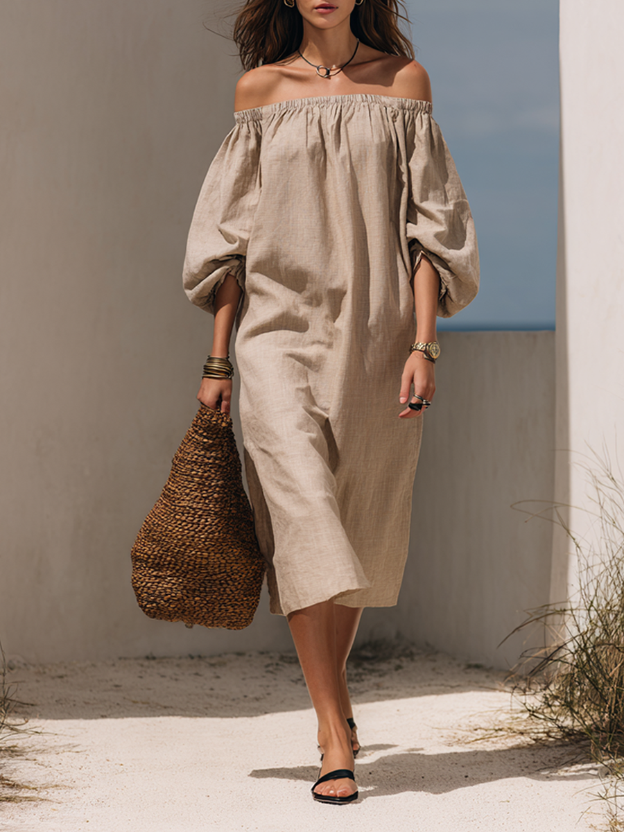 Women’s Minimalist Linen-Blend Off-Shoulder Puff Sleeve Midi Dress MDZ0256F3ZRK