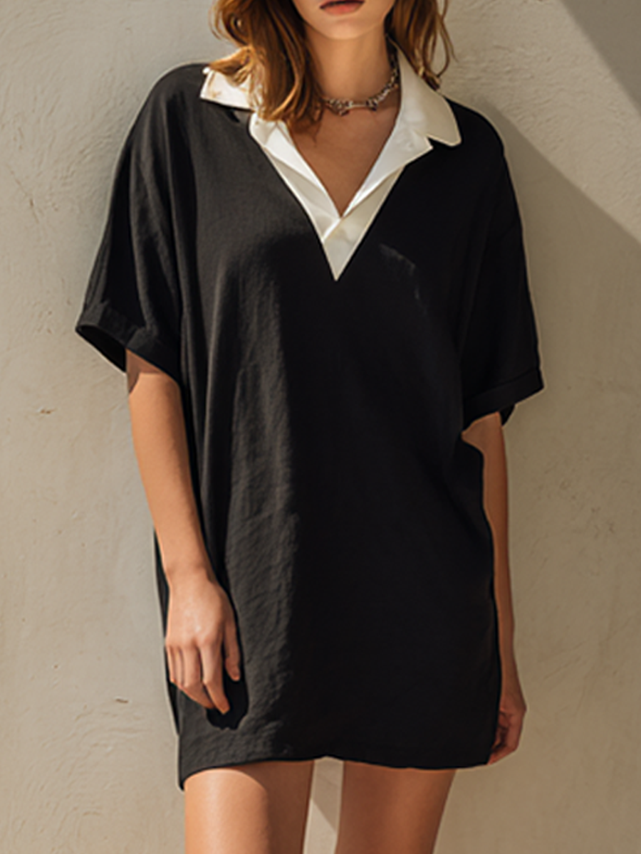Women's Minimalist Linen-Blend Contrast Collar Polo Short T-Shirt Dress MDZ0228F4ZRK