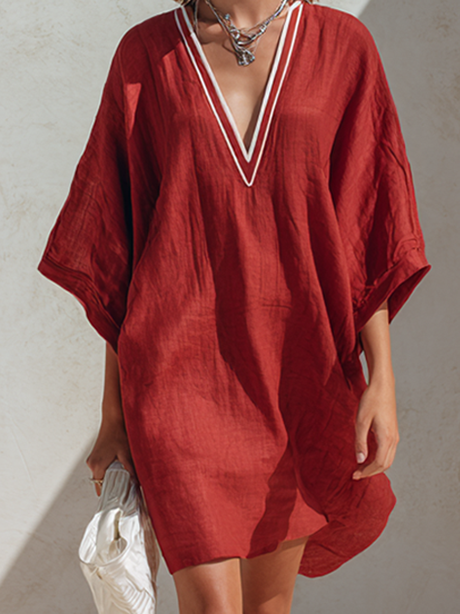 Women's Minimalist Linen-Blend V-Neck Batwing Short Kaftan Dress MDZ0268F0ZRK