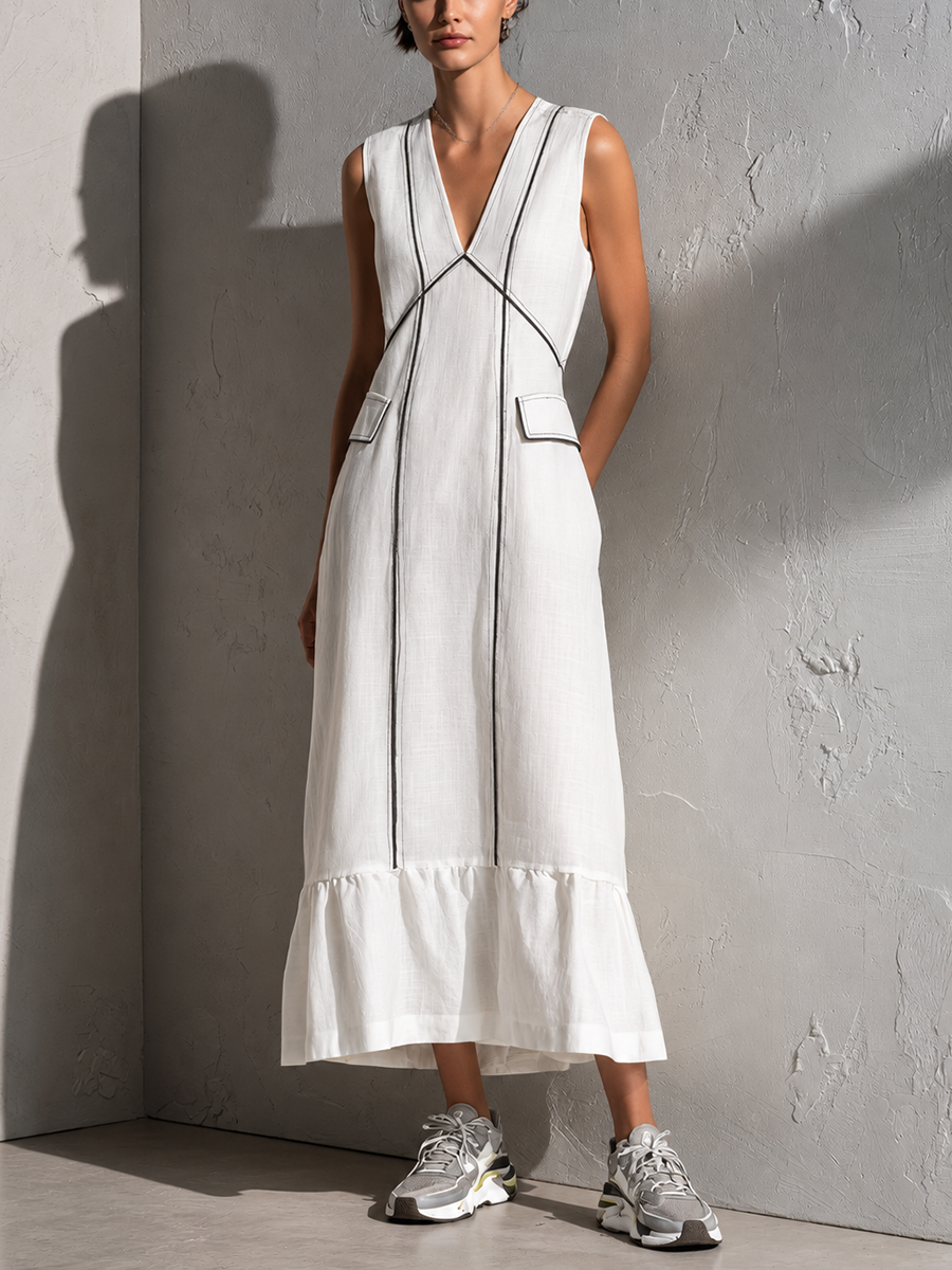 Women's Cotton-Linen Sleeveless V-Neck Maxi Dress With Decorative Stitching And Ruffles MDZ0285F9ZJW