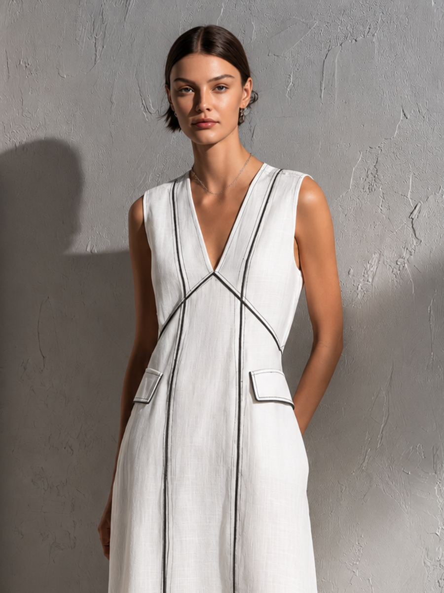 Women's Cotton-Linen Sleeveless V-Neck Maxi Dress With Decorative Stitching And Ruffles MDZ0285F9ZJW