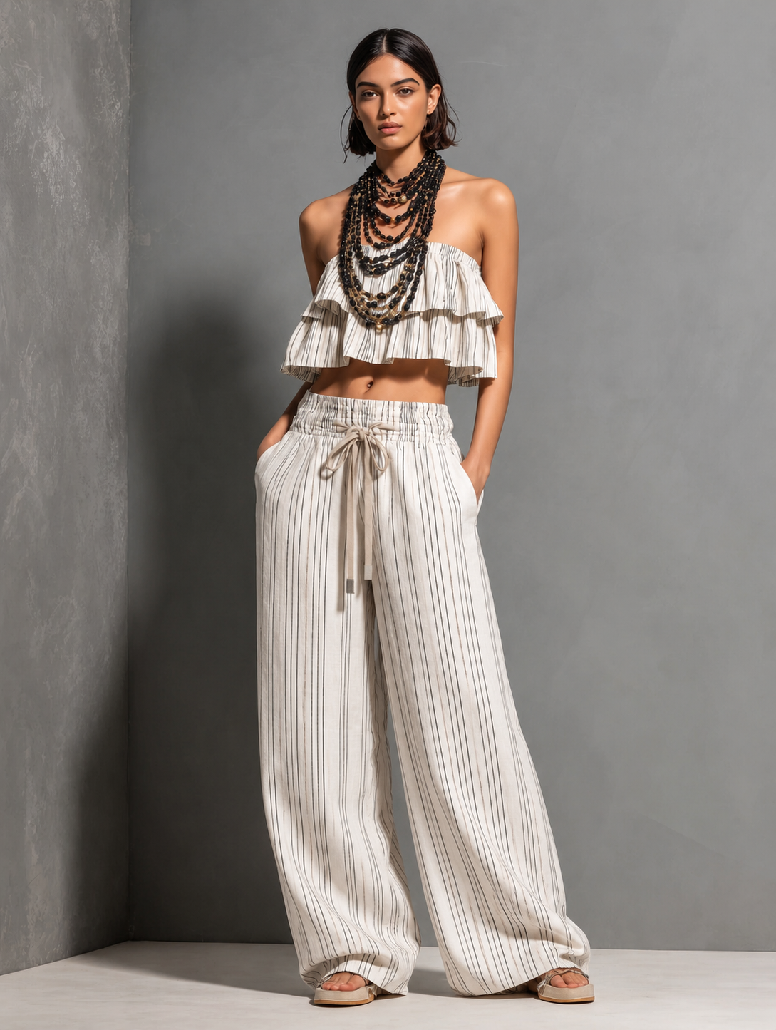 Women's Cotton-Linen Striped Set: Double-Tiered Ruffle Bandeau Top And Drawstring Wide-Leg Pants MDZ0200F6ZJW