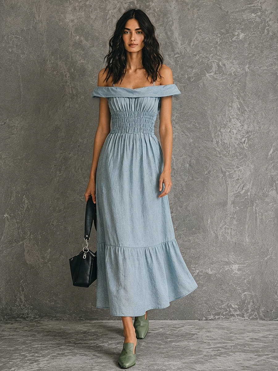 Women's French-Style Elegant Light Blue Cotton And Linen Pleated Off-Shoulder Fitted Maxi Dress MDZ0234F7GMJ