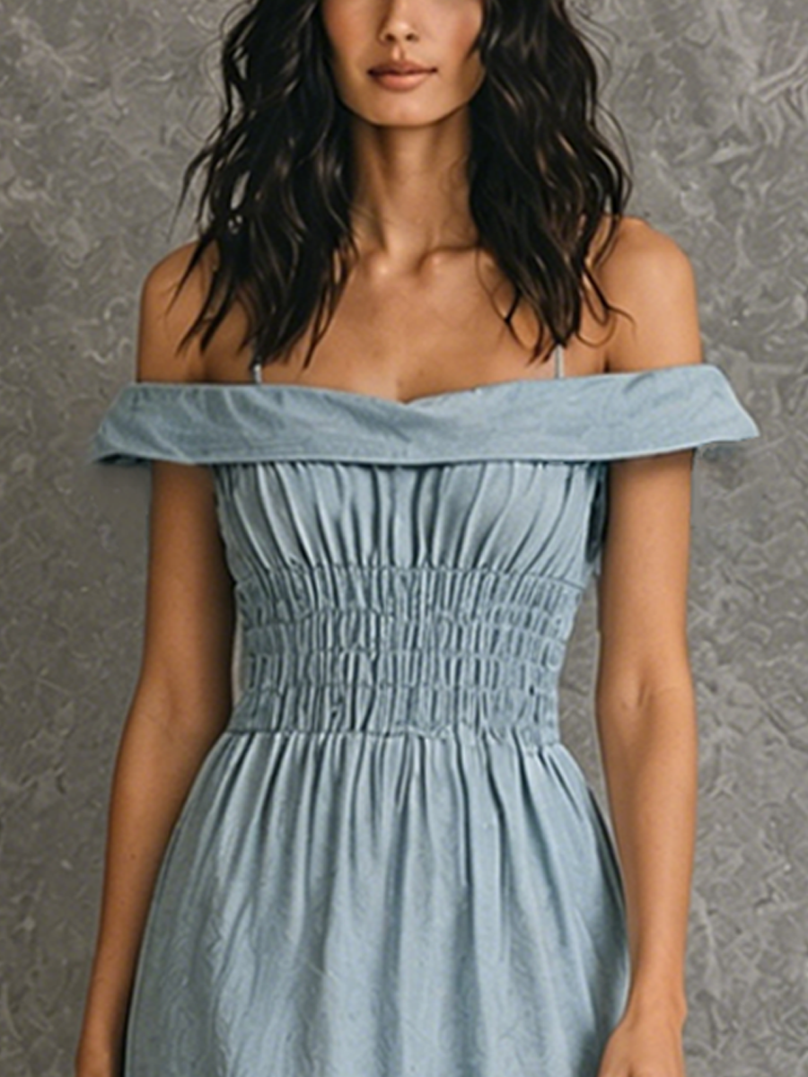 Women's French-Style Elegant Light Blue Cotton And Linen Pleated Off-Shoulder Fitted Maxi Dress MDZ0234F7GMJ