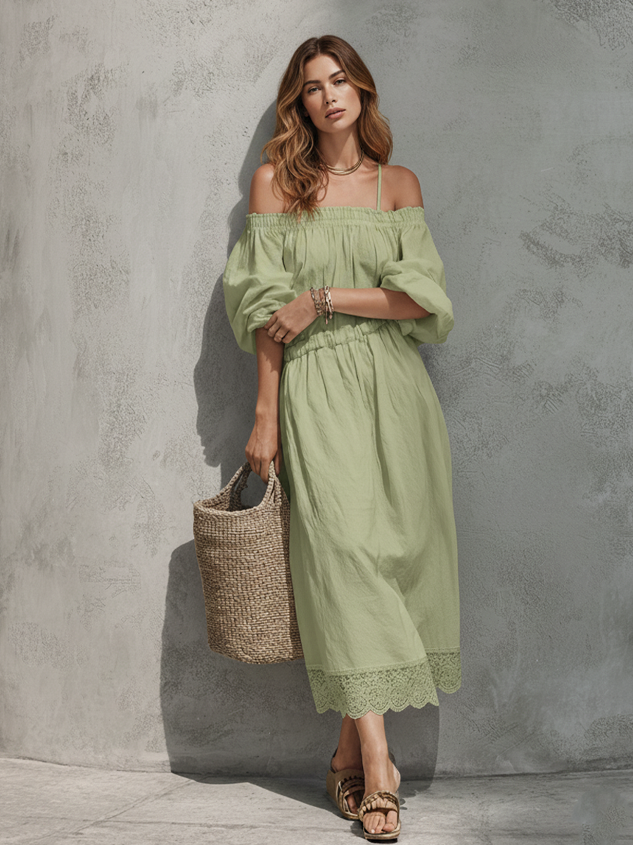 Women's Bohemian Style Avocado Green Linen Blend Elastic Off-shoulder Puff Sleeve Lace Hem Maxi Dress MDZ0211F5GMJ
