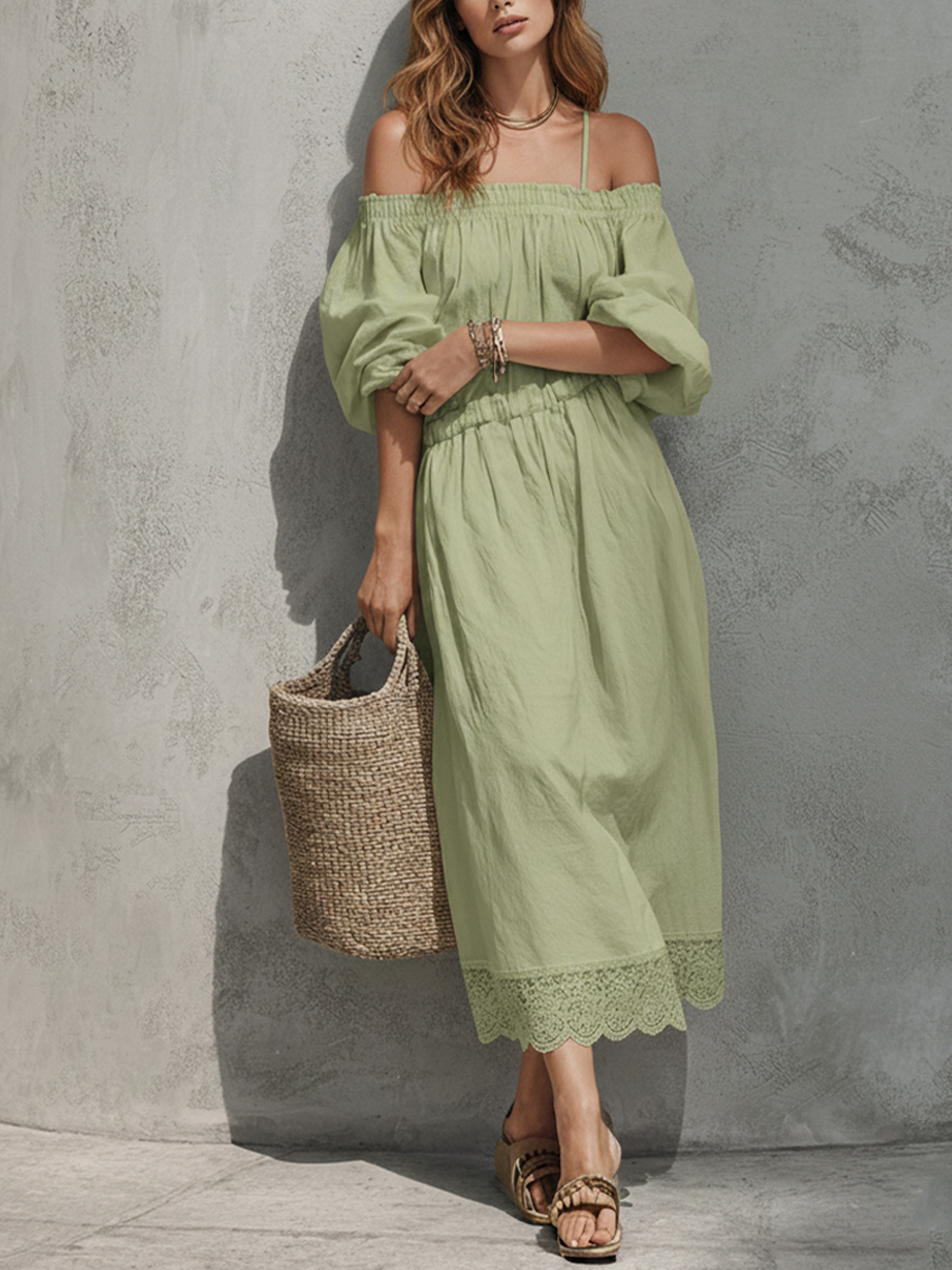 Women's Bohemian Style Avocado Green Linen Blend Elastic Off-shoulder Puff Sleeve Lace Hem Maxi Dress MDZ0211F5GMJ