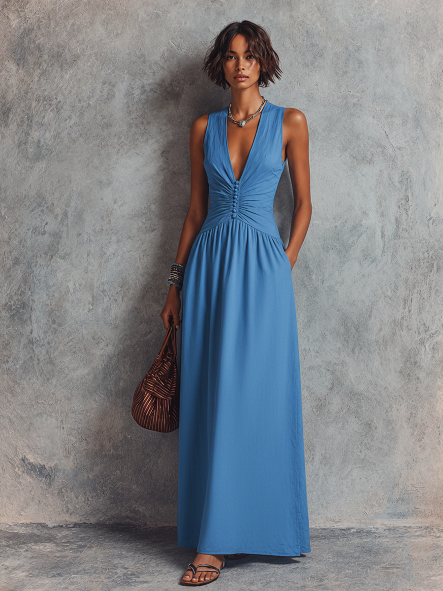 Women's Vacation Style Royal Blue Cotton Blend Deep V Sleeveless Hand Ruched Button Pocket Maxi Dress MDZ0218F3GMJ
