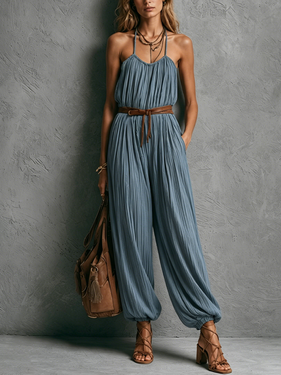 Women's Bohemian Vacation Style Dusty Blue Cotton Blend Crinkled Ruched Spaghetti Strap Cuffed Ankle Full Length Jumpsuit (Belt Not Included) MDZ0271F1GMJ