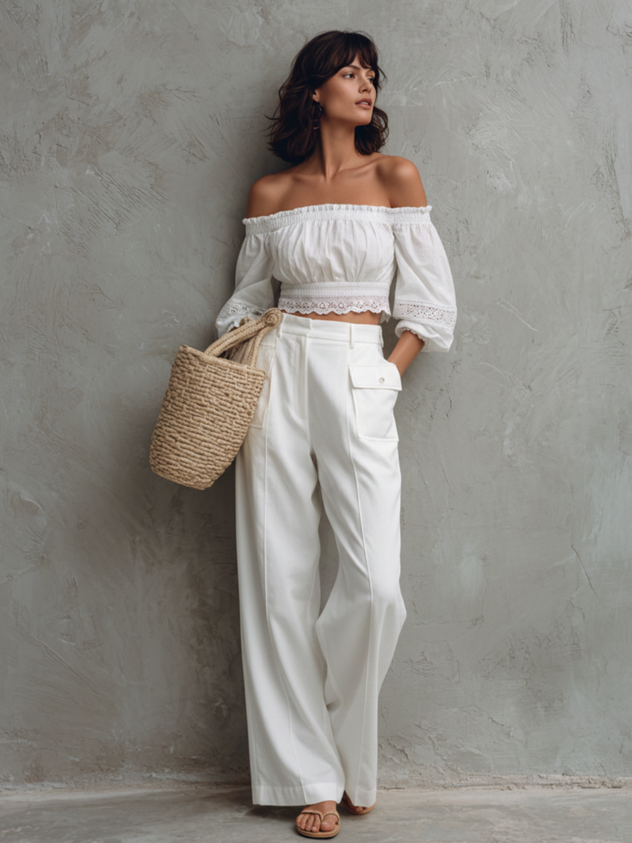 Women's Casual Everyday Style Pure White Cotton Blend Cargo Pocket High-Waisted Full-Length Wide-Leg Pants MDZ0201F9GMJ