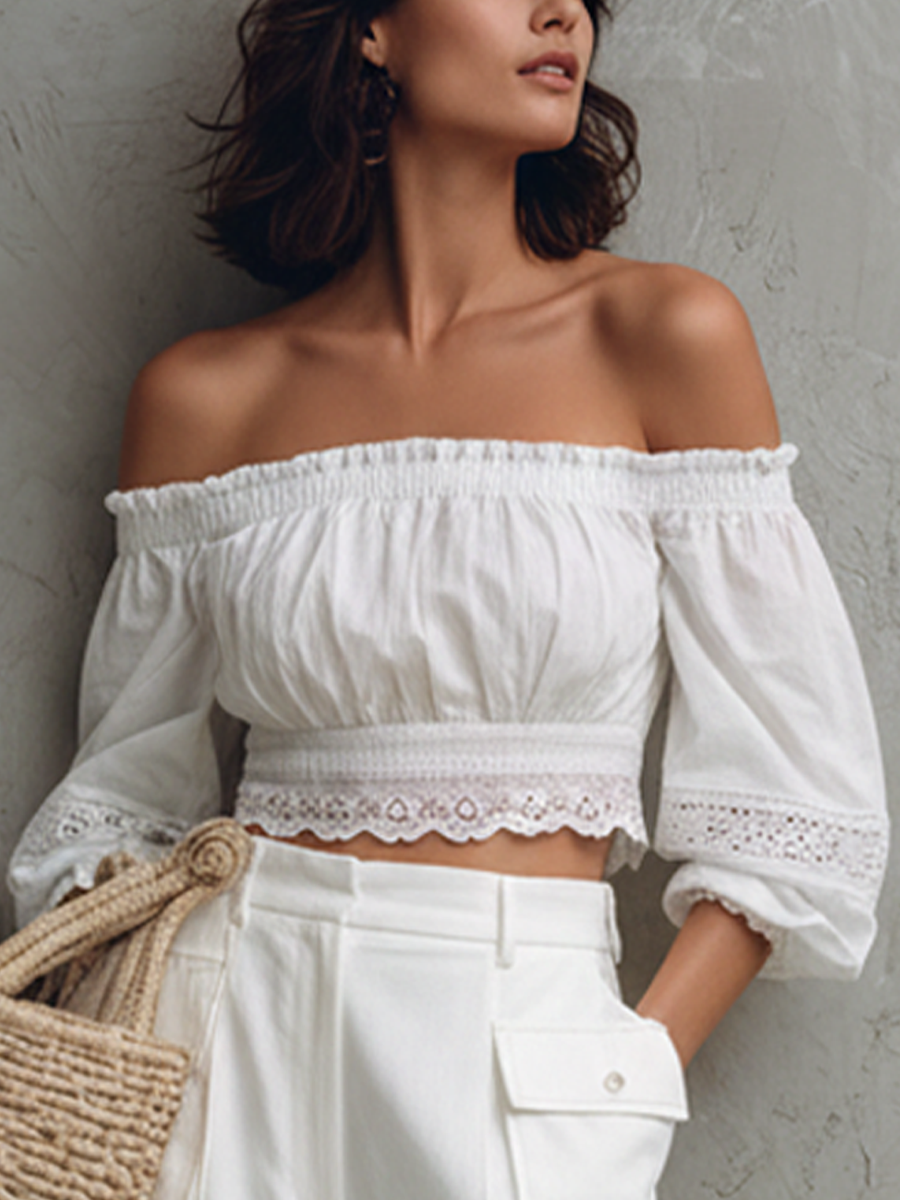 Women's French Casual Style Pure White Washed Cotton Eyelet Lace Smocked Puff Sleeve Cropped Top MDZ0206F1GMJ