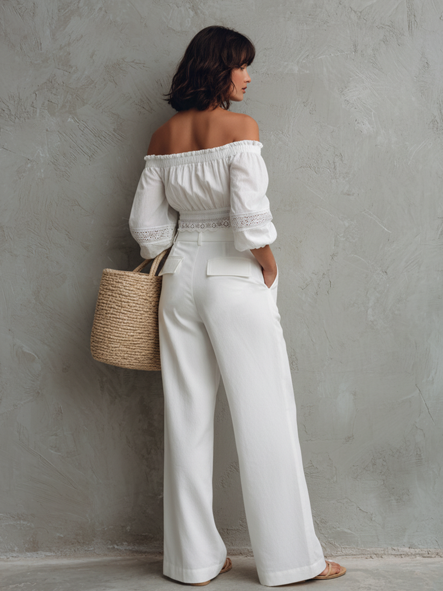 Women's French Casual Style Pure White Washed Cotton Eyelet Lace Smocked Puff Sleeve Cropped Top MDZ0206F1GMJ
