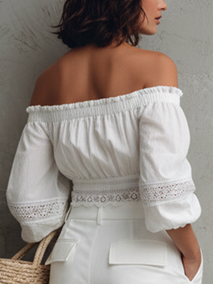Women's French Casual Style Pure White Washed Cotton Eyelet Lace Smocked Puff Sleeve Cropped Top MDZ0206F1GMJ