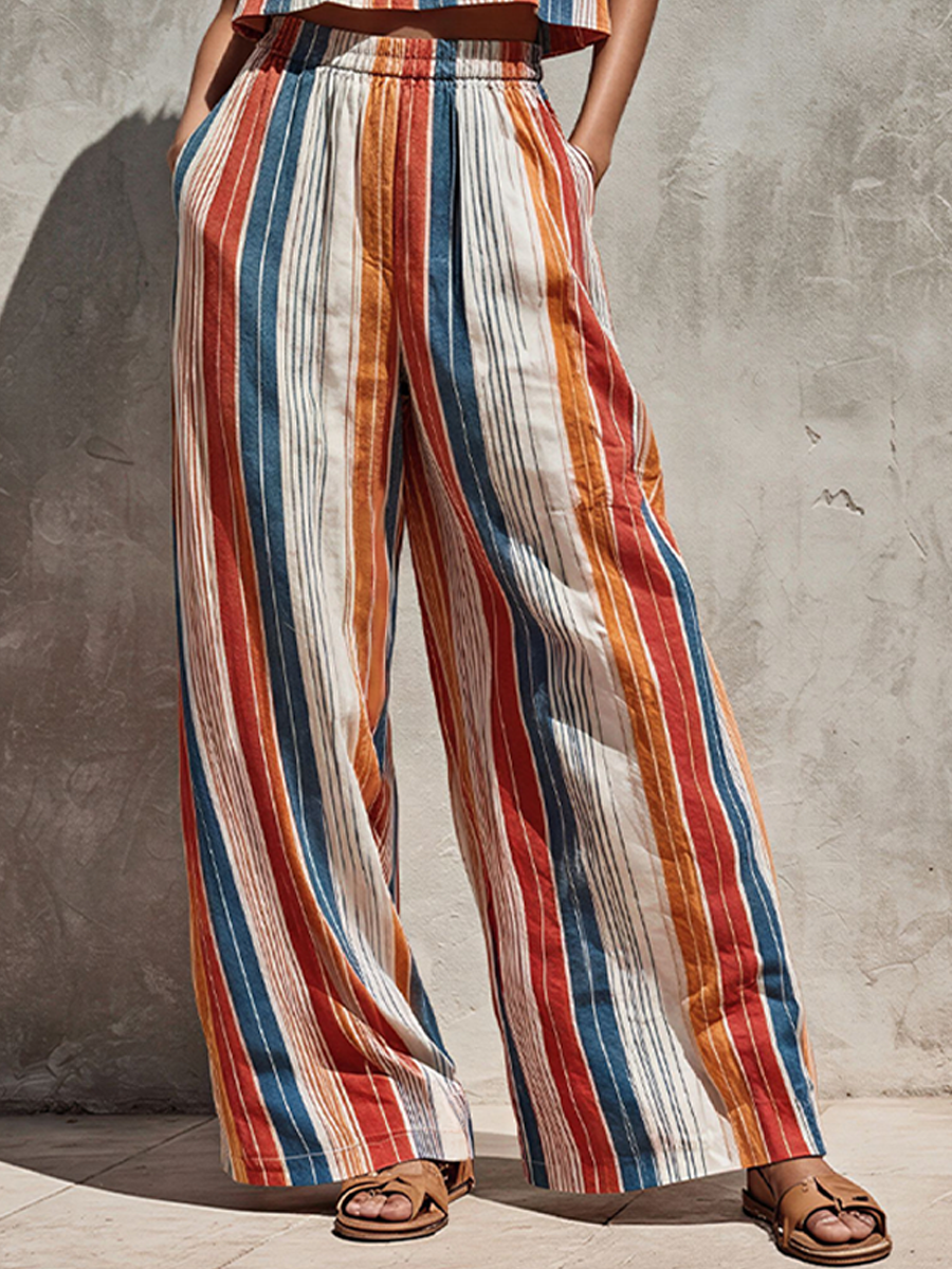 Women's Retro Resort Style Multi-Color Vertical Striped Printed Cotton Blend Bandeau Top Paired With Long Wide-Leg Pants Suit MDZ0239F0GMJ