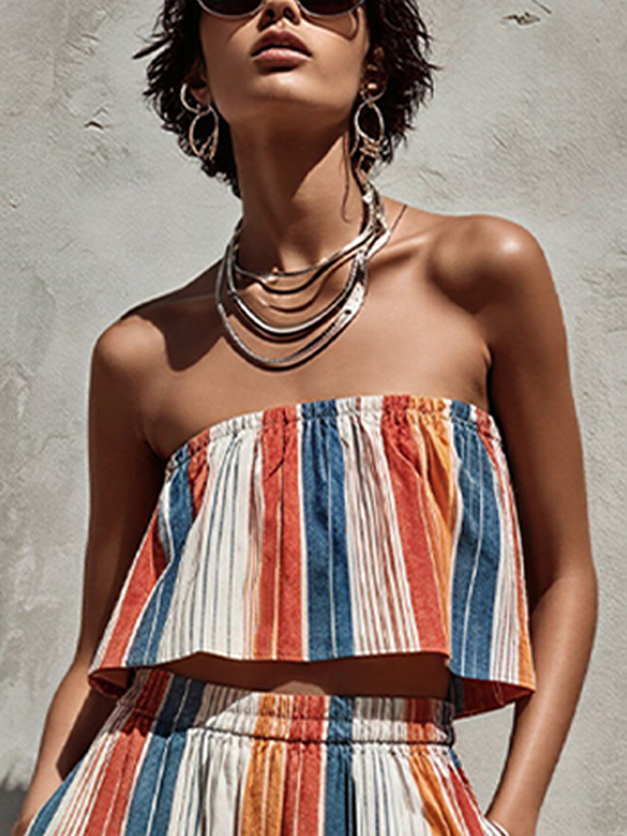 Women's Retro Resort Style Multi-Color Vertical Striped Printed Cotton Blend Bandeau Top Paired With Long Wide-Leg Pants Suit MDZ0239F0GMJ