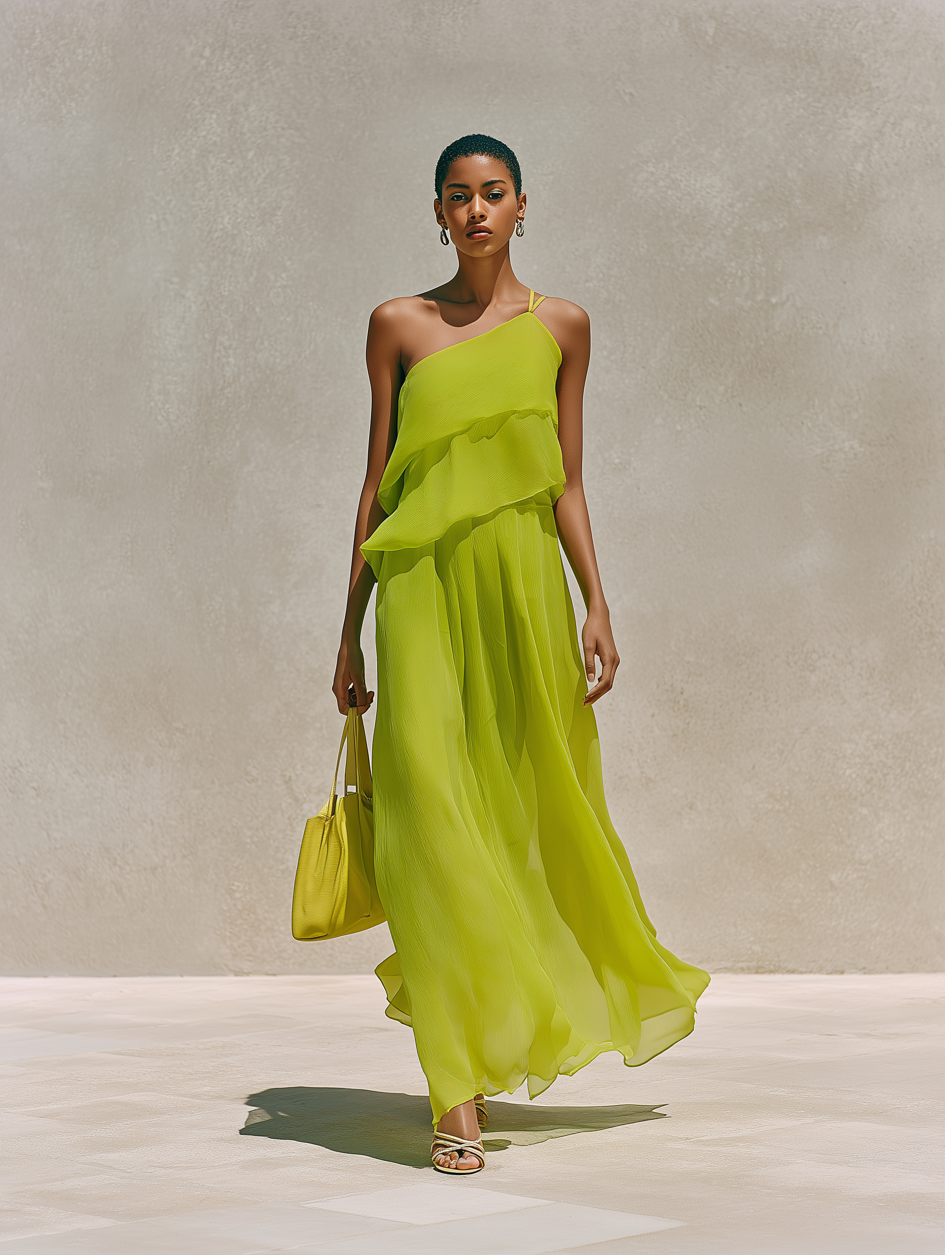Women’s Lime Green Asymmetrical Single Strap Ruffled Layered Chiffon Beach Maxi Dress MDZ0344F7T
