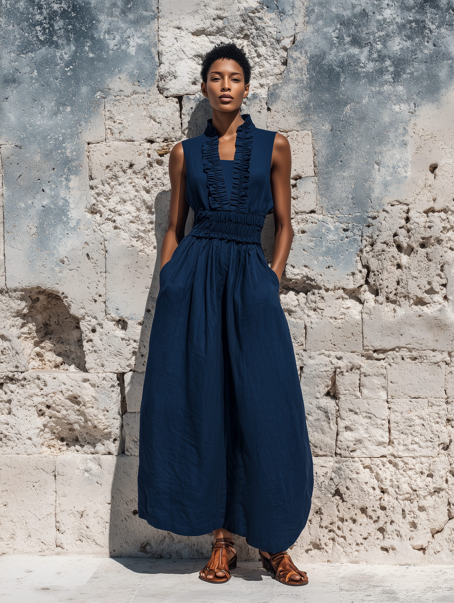 Women's Navy Linen-Blend Sleeveless Maxi Dress with Ruffled Neckline and Elastic Waist MDZ0332F3T