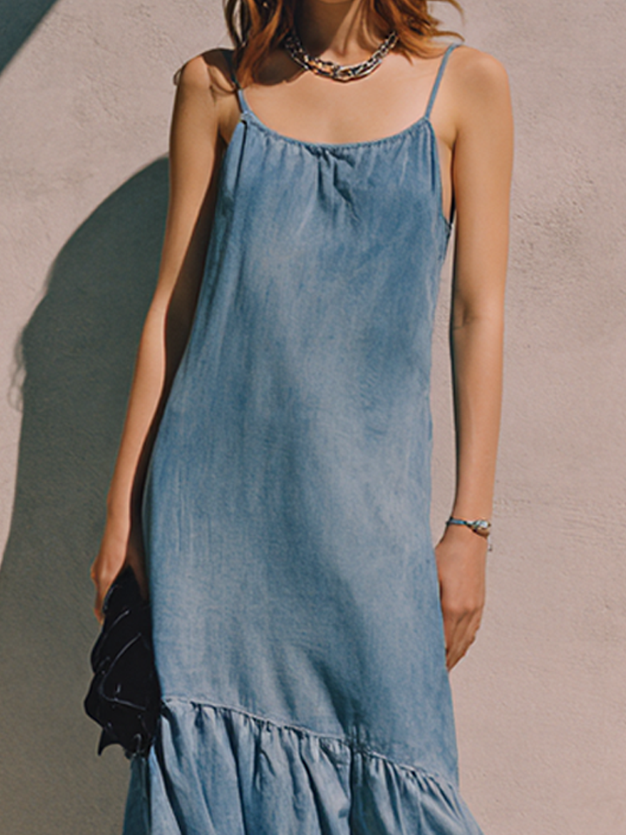 Women's Casual Faux-Denim Spaghetti-Strap Midi Dress MDZ0344F6ZRK