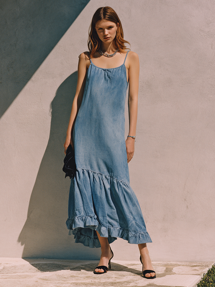 Women's Casual Faux-Denim Spaghetti-Strap Midi Dress MDZ0344F6ZRK
