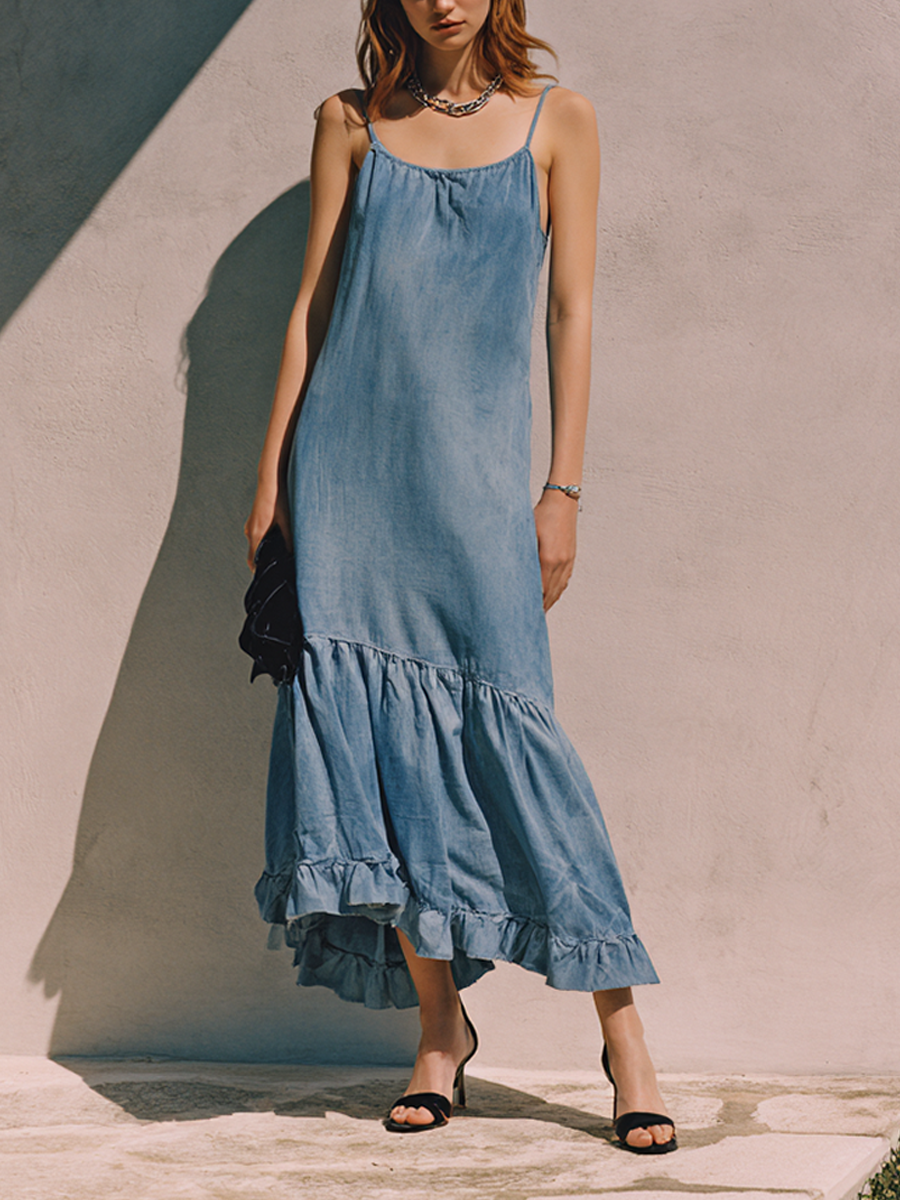 Women's Casual Faux-Denim Spaghetti-Strap Midi Dress MDZ0344F6ZRK