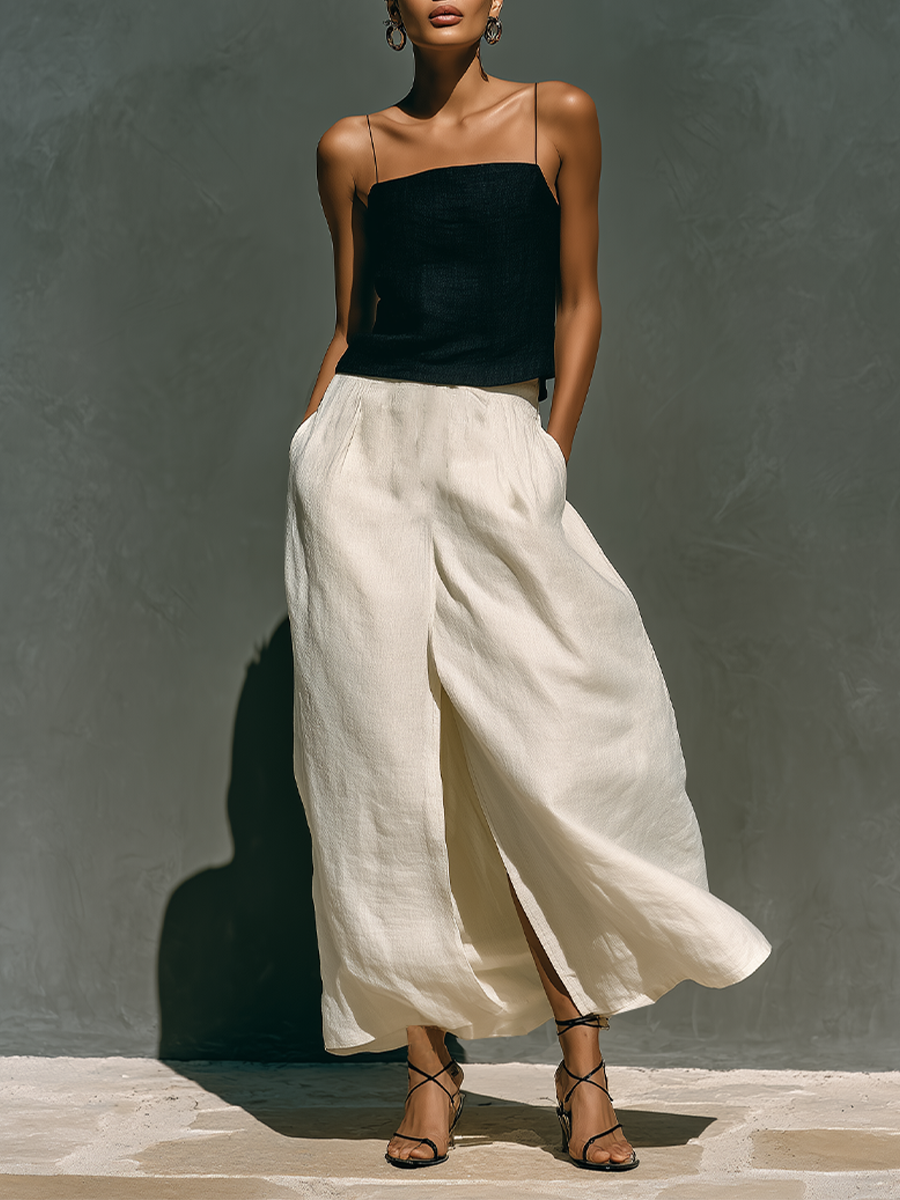 Women's Black & Off-White Linen-Blend Two-Piece Set With Thin Strap Crop Cami & High Slit Skirt, Minimalist Casual Resort Outfit MDZ0363F1LYL