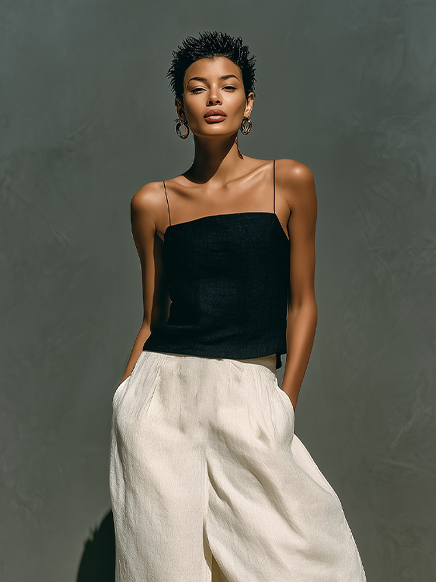 Women's Black & Off-White Linen-Blend Two-Piece Set With Thin Strap Crop Cami & High Slit Skirt, Minimalist Casual Resort Outfit MDZ0363F1LYL