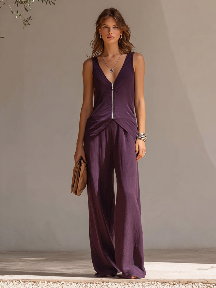 Women's Casual Sleeveless V-Neck Top And Wide-Leg Pants Set MDZ0303F1ZRK