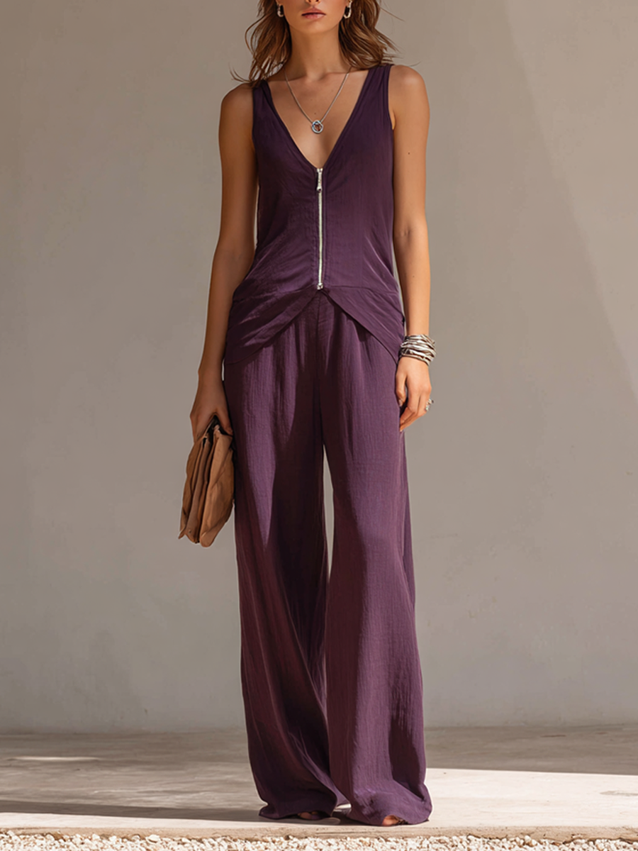 Women's Casual Sleeveless V-Neck Top And Wide-Leg Pants Set MDZ0303F1ZRK