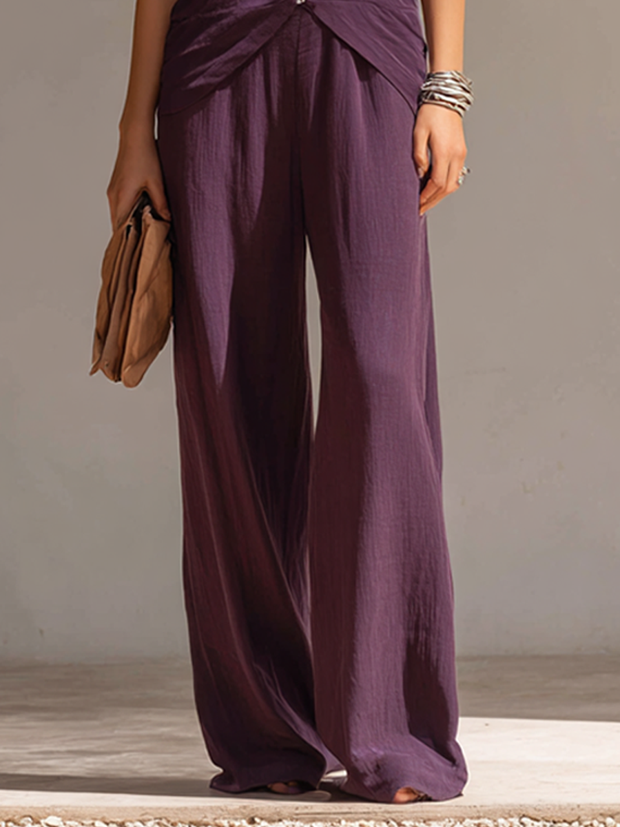 Women's Casual Sleeveless V-Neck Top And Wide-Leg Pants Set MDZ0303F1ZRK