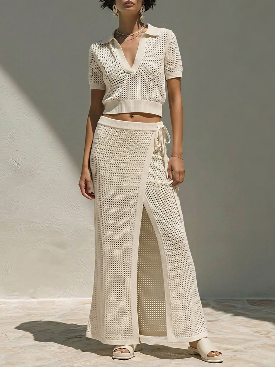 Women's Off White Crochet Knit  Two-Piece Set With Polo Collar Short Sleeve Crop Top & Side Tie Split Maxi Skirt, Minimalist Summer Resort Outfit MDZ0371F3LYL