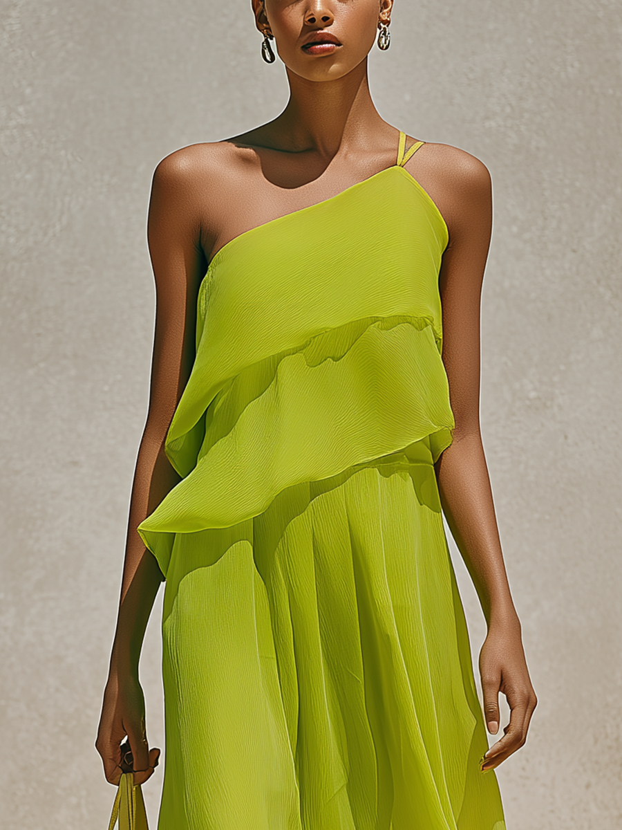 Women’s Lime Green Asymmetrical Single Strap Ruffled Layered Chiffon Beach Maxi Dress MDZ0344F7T