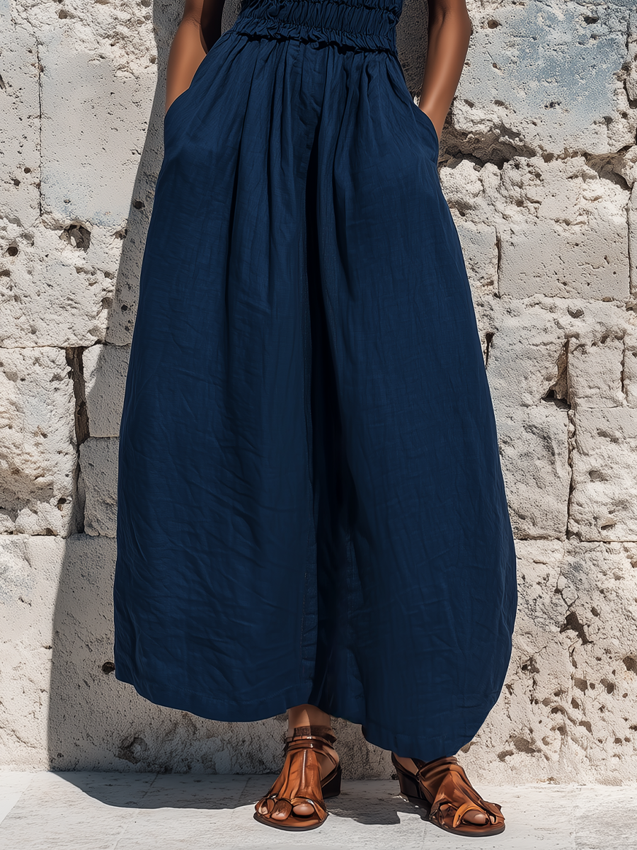 Women's Navy Linen-Blend Sleeveless Maxi Dress with Ruffled Neckline and Elastic Waist MDZ0332F3T