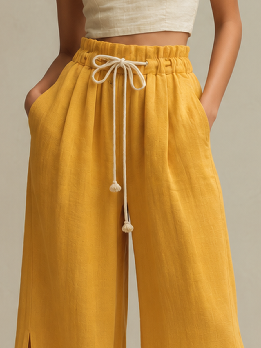 Women's Cotton-Linen Wide-Leg Trousers With Side Slits — Ginger Yellow MDZ0362F5ZJW