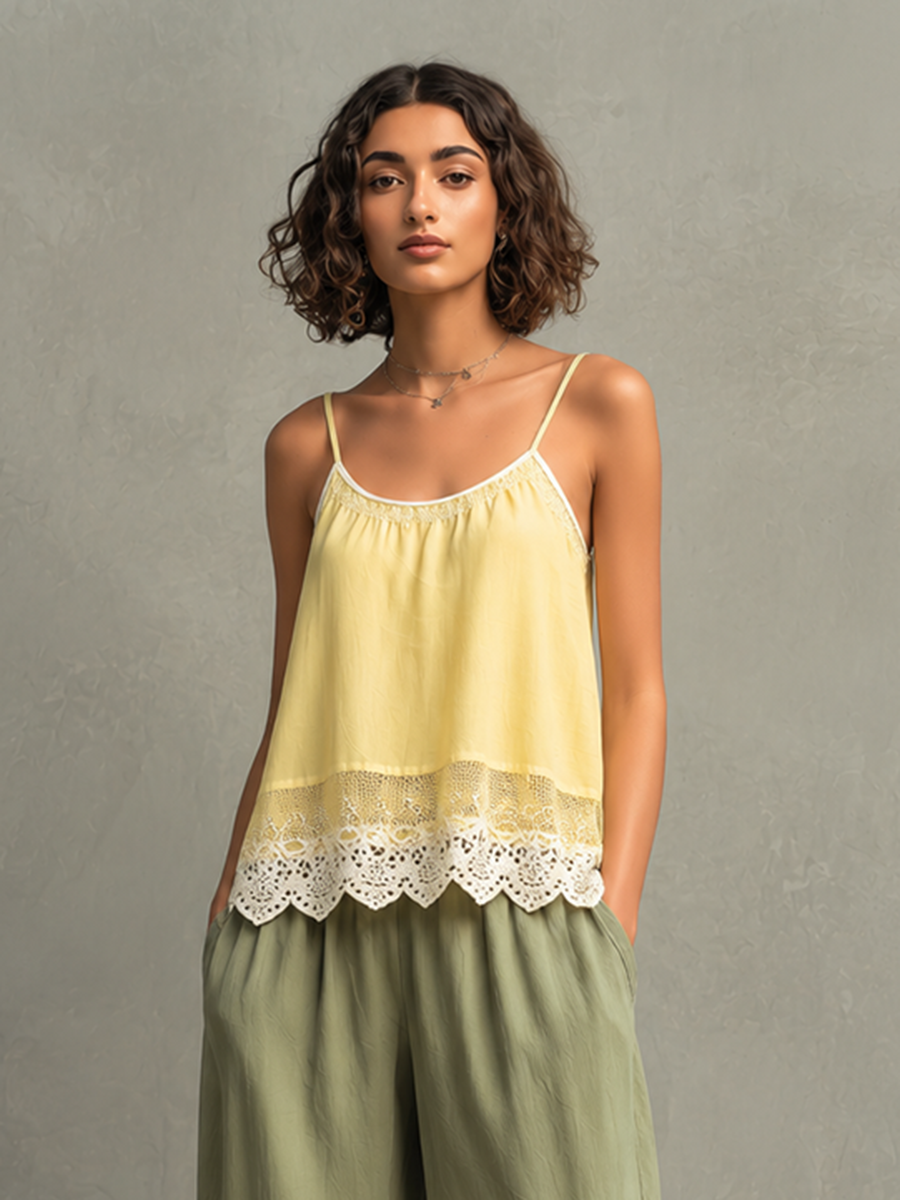 Women's Cotton-Linen Camisole Top With Lace Splicing & Cropped Wide-Leg Pants Set MDZ0390F0ZJW