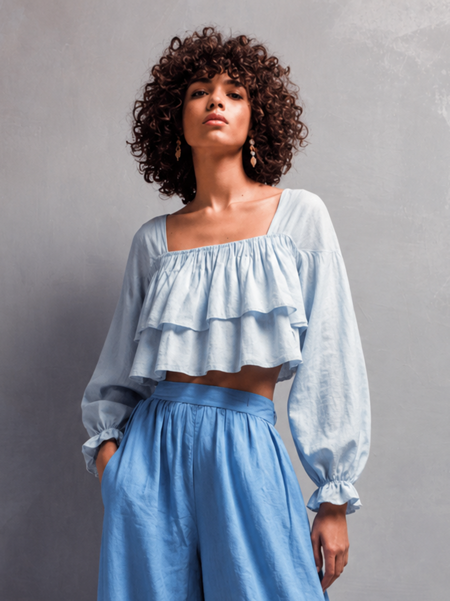 Women's Blue Cotton-Linen Set: Square-Neck, Puff-Sleeve Crop Top And Ruffled Wide-Leg Pants MDZ0398F7ZJW